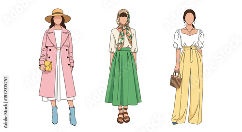 Flat style vector illustration of women in spring outfits, modern feminine fashion collection isolated on clean background