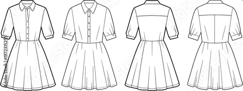 Button down shirt dress with collar and pleated skirt, short sleeve feminine silhouette, front and back fashion sketch set – vector illustration
