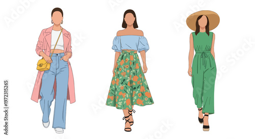 Flat style vector illustration of women in spring outfits, modern feminine fashion collection isolated on clean background