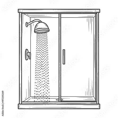 Shower cubicle with water droplets and glass door bathroom interior illustration