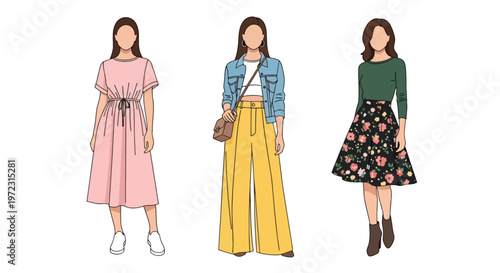 Flat style vector illustration of women in spring outfits, modern feminine fashion collection isolated on clean background