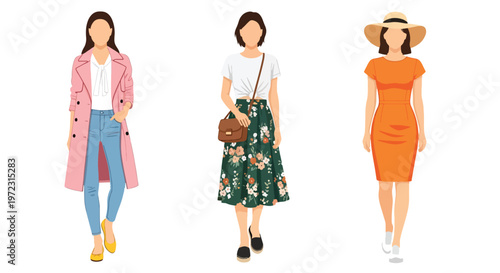 Flat style vector illustration of women in spring outfits, modern feminine fashion collection isolated on clean background