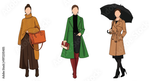 Flat style vector illustration of women wearing autumn outfits, seasonal fashion collection isolated on clean background