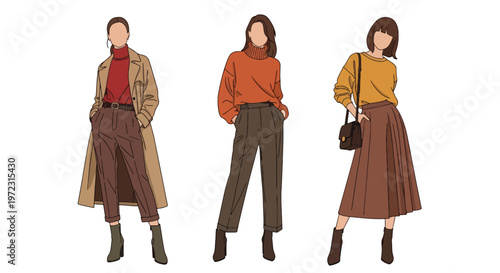 Flat style vector illustration of women wearing autumn outfits, seasonal fashion collection isolated on clean background