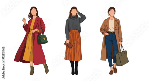 Flat style vector illustration of women wearing autumn outfits, seasonal fashion collection isolated on clean background