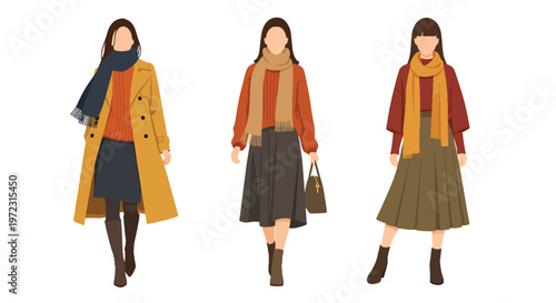 Flat style vector illustration of women wearing autumn outfits, seasonal fashion collection isolated on clean background