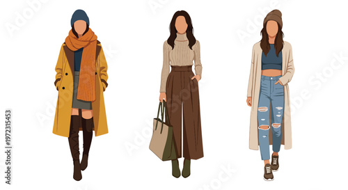 Flat style vector illustration of women wearing autumn outfits, seasonal fashion collection isolated on clean background