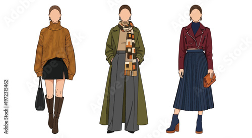 Flat style vector illustration of women wearing autumn outfits, seasonal fashion collection isolated on clean background