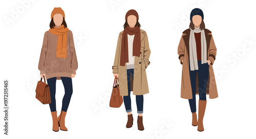 Flat style vector illustration of women wearing autumn outfits, seasonal fashion collection isolated on clean background
