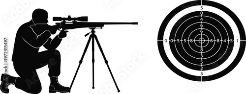 "Silhouette of marksman kneeling with rifle on tripod aiming at scoring target rings, representing precision shooting, focus, and firearm training artwork"