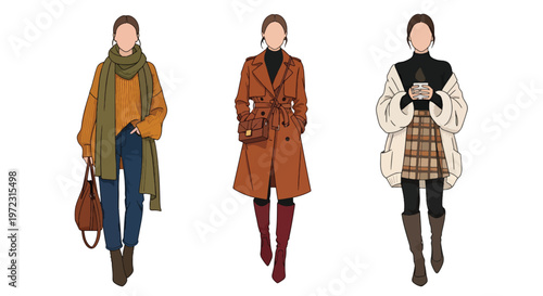 Flat style vector illustration of women wearing autumn outfits, seasonal fashion collection isolated on clean background