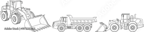 Construction vehicles technical drawing set, loader and dump truck line art, heavy machinery transport illustration – vector illustration