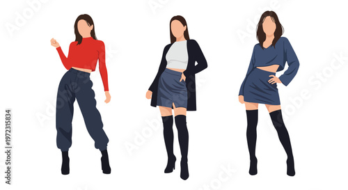 Flat style vector illustration of women in streetwear outfits, urban fashion collection isolated on clean background