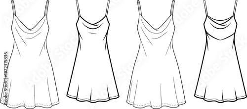 Cowl neck slip dress variations with spaghetti straps, flared hem silhouettes, feminine summer outfit fashion sketch set – vector illustration