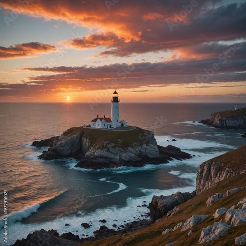 Lone lighthouse on a rocky headland against a flaming sunset sea