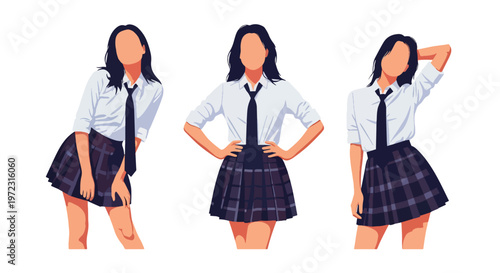 Flat style vector illustration of woman students in school uniforms, education fashion collection isolated on clean background