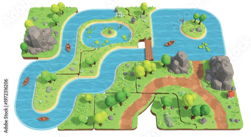 Isometric game map tiles with river and forest, modular landscape level design elements, cartoon nature environment for mobile gaming