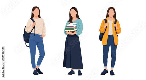 Flat style vector illustration of female college students in casual outfits, modern campus lifestyle fashion collection isolated on clean background