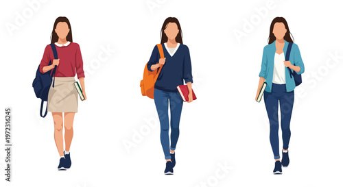 Flat style vector illustration of female college students in casual outfits, modern campus lifestyle fashion collection isolated on clean background