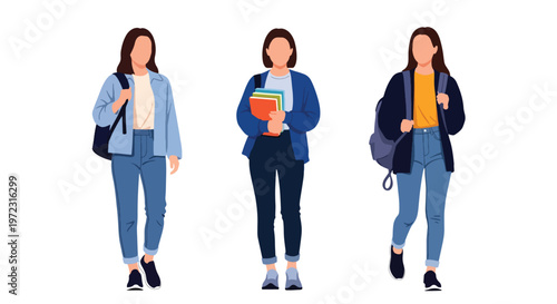 Flat style vector illustration of female college students in casual outfits, modern campus lifestyle fashion collection isolated on clean background