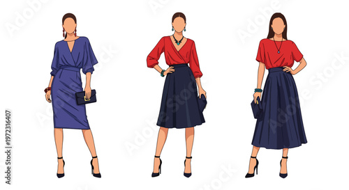 Flat style vector illustration of women in elegant party dresses, modern evening fashion collection isolated on clean background