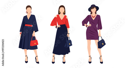 Flat style vector illustration of women in elegant party dresses, modern evening fashion collection isolated on clean background