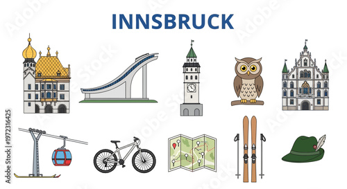 Innsbruck Travel Icons Set Featuring Landmarks and Activities.