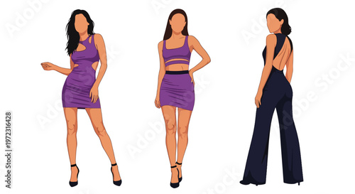 Flat style vector illustration of women in elegant party dresses, modern evening fashion collection isolated on clean background