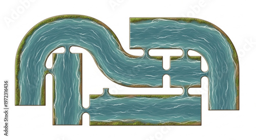 Top view river map constructor kit, winding blue water stream with grassy banks, modular nature landscape elements for game design