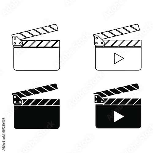 Film clapper boards in different states with play button symbols for movie and production