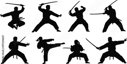 "Collection of eight martial artist silhouettes wielding swords in dynamic poses, showcasing discipline, movement, and traditional combat techniques for illustration and desig