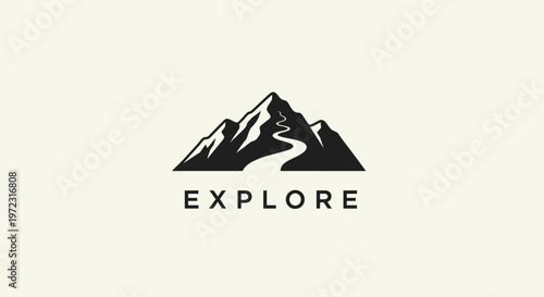 Minimalist mountain exploration logo design.