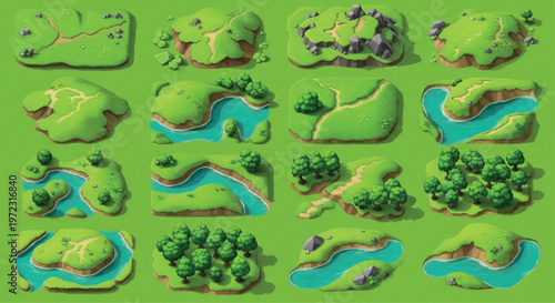 Isometric game map tiles, 16 landscape terrain elements with green hills and blue water, cartoon world building assets for mobile games