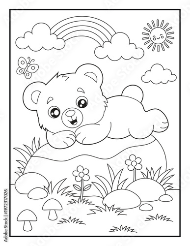 Dreamy Teddy Bear Resting on Rainbow with Clouds and Flowers Coloring Page for Kids.