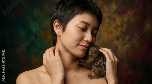 希少な小動物との絆と幸福感を捉えた、ピグミーマーモセットと触れ合い癒やされる笑顔の日本人女性ポートレート