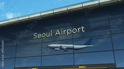 Airplane landing airport terminal arrival in Seoul South Korea