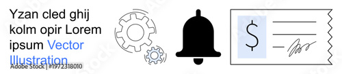 Financial alerts, automation, billing management, notification systems, online transactions, accounting. Gear and bell with a payment invoice. Financial alerts and automation concept