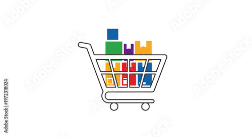 Shopping cart with colorful products.