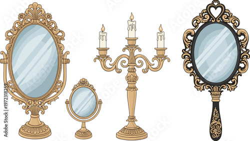 Elegant Vintage Mirror and Candle Holder Set with Ornate Gold Frames and Classic Decorative Details for Luxury Interior and Antique Design Illustrations