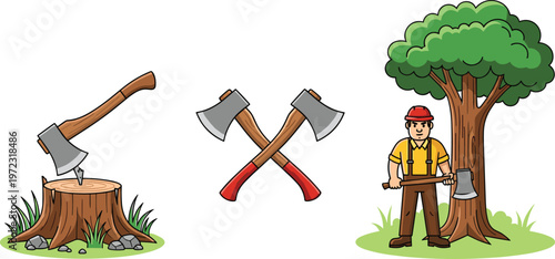 Lumberjack and Woodcutting Tools Set Featuring Axes, Tree Stump and Worker Cutting Tree, Forestry and Logging Illustration for Nature and Industry Design