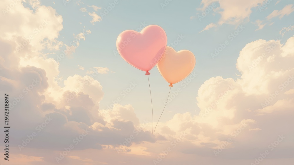 Obraz premium Two Pink Heart Shaped Balloons Floating in a Cloudy Sunset Sky with White Clouds