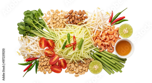 Som tam ingredients photo, thai papaya salad, fresh vegetables and nuts isolated on transparent background