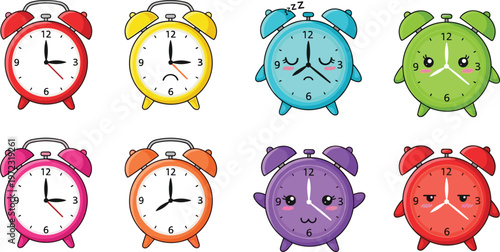 Set of Cute Cartoon Alarm Clocks with Different Emotions and Colors, Featuring Funny Facial Expressions for Time, Wake Up and Kids Design Concepts