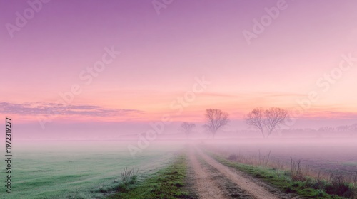 A winding dirt path leads into a hazy, pink-and-purple spring dawn, symbolizing journeys and the ephemeral beauty of nature's transient moments, a gentle awakening.