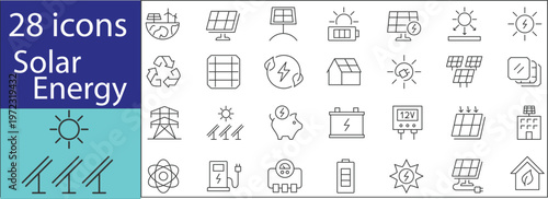 “Solar power icons collection including photovoltaic panels, clean energy, sustainability, and green technology elements.”