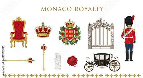 Monaco Royalty Symbols Collection Including Crown Scepter and Guard.