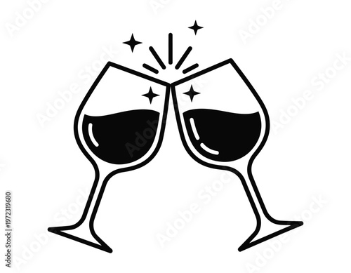 Title cheers to celebration a silhouette of two wine glasses clinking together with sparkling stars above description a black silhouette illustration depicts two wine glasses
