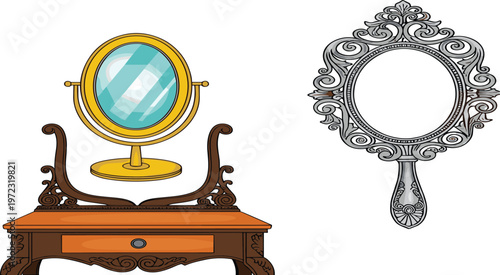 Vintage Decorative Mirror Set Featuring Classic Table Vanity Mirror and Ornate Handheld Frame Design for Elegant Interior and Beauty Illustration Concepts