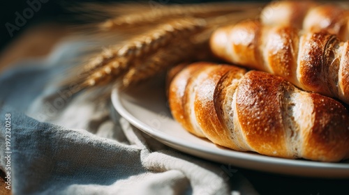 Freshly Baked Rolls with Wheat Stalks on a Rustic Linen Cloth Background