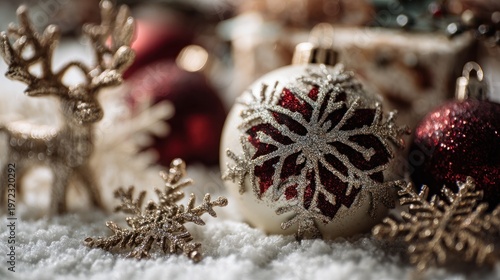 Festive Holiday Season: Christmas Ornaments and Decorations on a Snow-Covered Surface